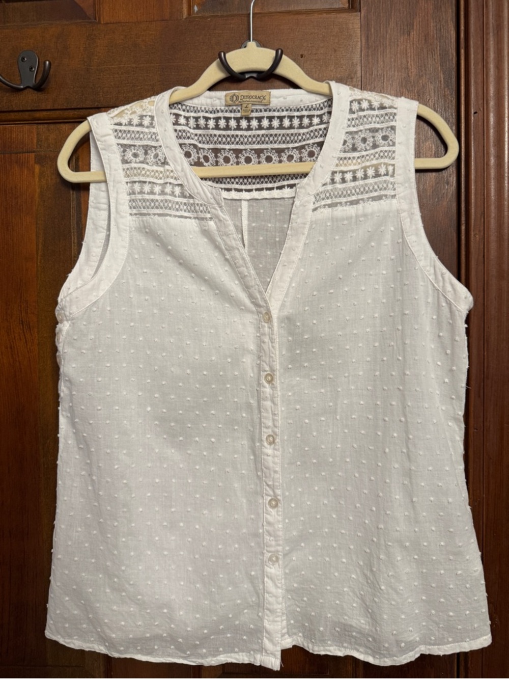 Democracy White Sleeveless Button-Front Swiss Dot Top with Lace Yoke